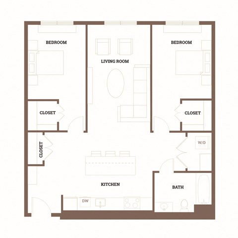 Floor plan for 2 beds, 1 bath, 940 sqft